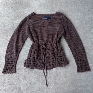 Vintage 90s Sonoma mocha brown crochet lace knit long sleeve sweater boho hippie
